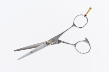 Mitzaki-Santay500 in 5.0 Zoll, ergonomische formgebung, Japanstahl mit feinem Hohlschliff, beide Schneiden hochglanzpoliert im DGT Verfahren, abschraubbarer Fingerhaken, Lieferung mit Einstellschlüssel und Scherenetui
